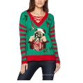 PK1874HX Ugly Christmas Sweater Women's Pugs and Kisses V-Neck Lace Up Pullover